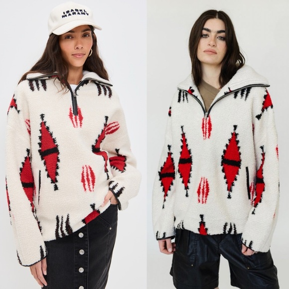 Isabel Marant Sweaters - Isabel Marant Sweater Marner Half Zip Wool Ecru Red Printed Pullover Jacket